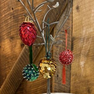 Vintage Handmade Push Pin Beaded Sequin Christmas Ornaments set of 4